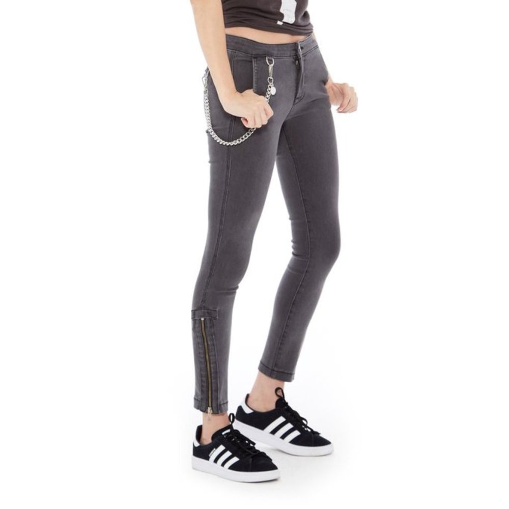 FOR4 Women's sz 26 Gray Iris Chain Ankle Zip Crop Mid-Rise Stretch Skinny Jeans